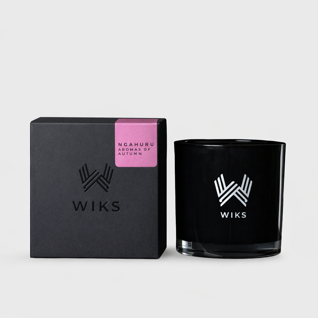WIKS candle and packaging on a light gray background